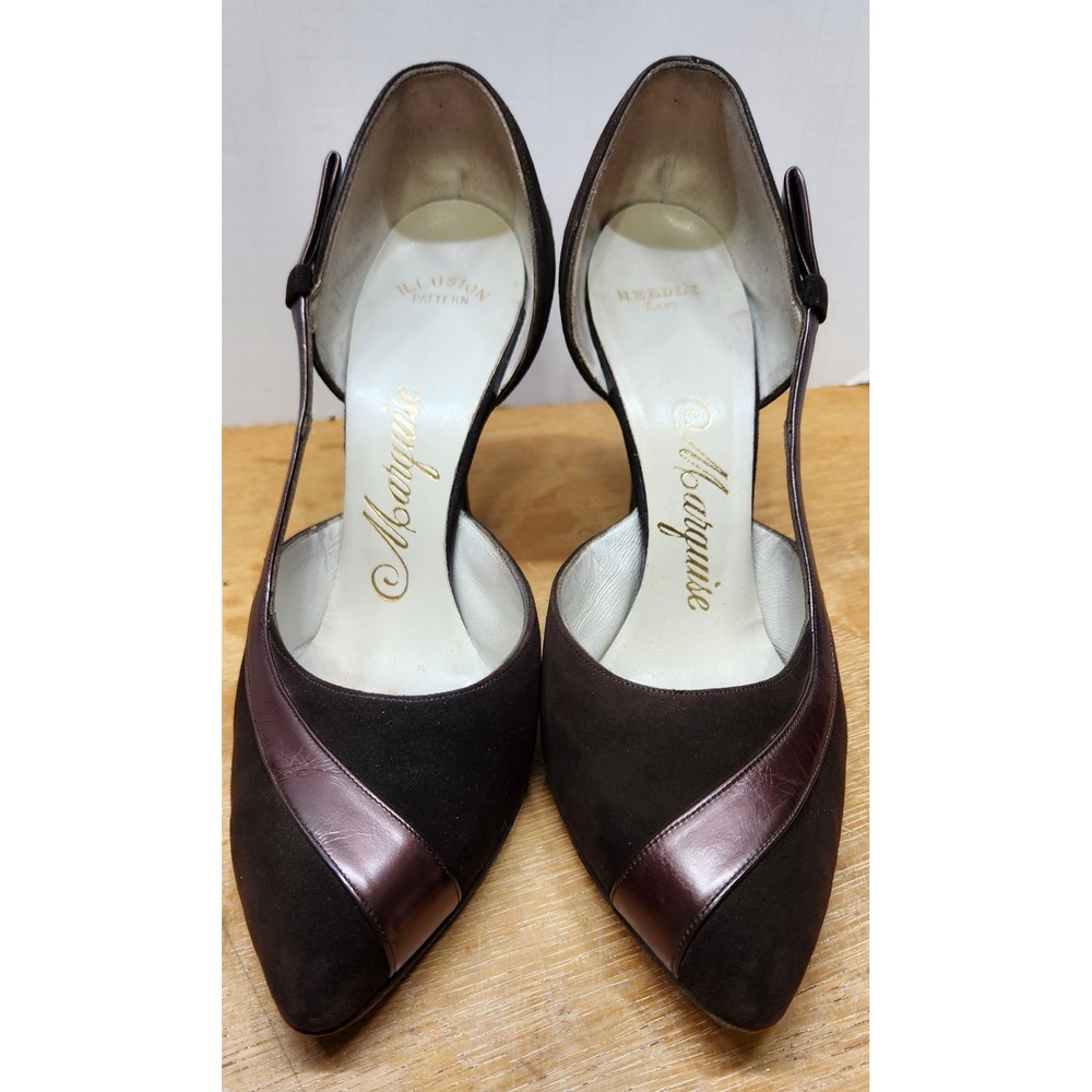 Marquise Vintage Brown Suede D'Orsay Pumps Bronze Leather Trim Heels Size 7